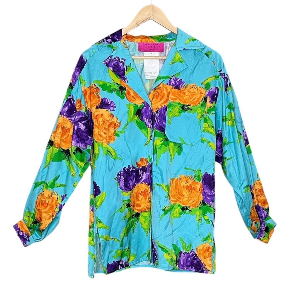 Vintage Christian Lacroix Teal Blue Orange Purple Flower Blouse 38